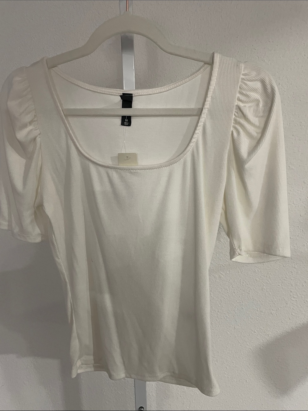 Alya Cream Ribbed Scoop Neck Top with Puff Sleeves